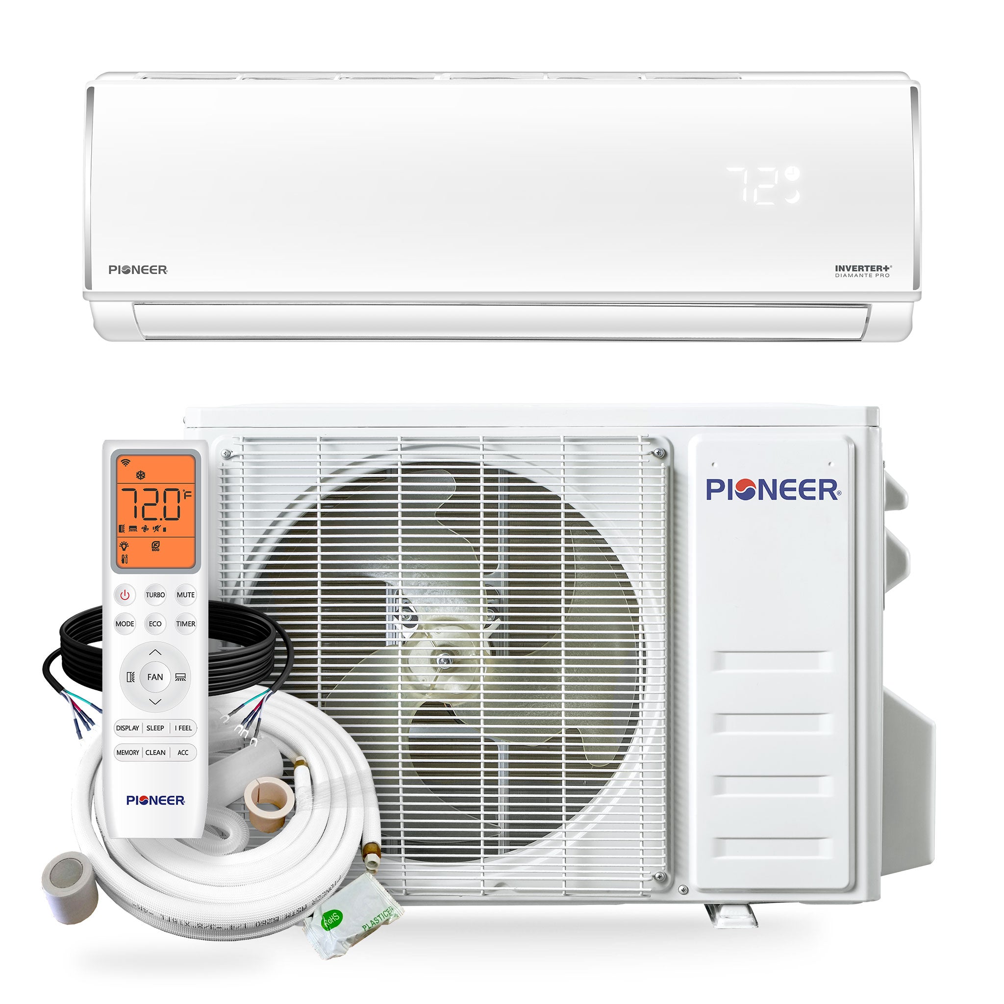 Pioneer® Diamante Pro™ 18,000 BTU 21 SEER2 230V High-Wall Ductless Mini-Split Air Conditioner Inverter Heat Pump with 16 Ft. Kit