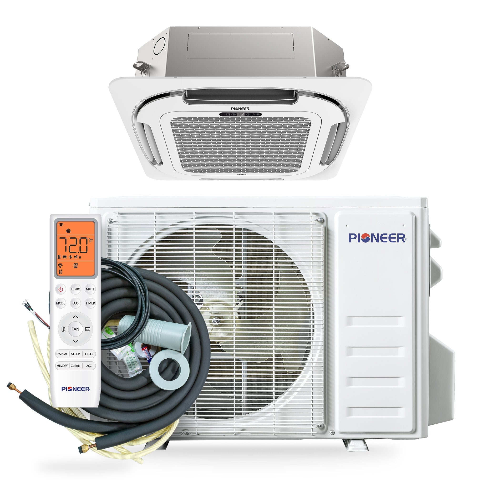 Pioneer® Quantum Ultra™ 9,000 BTU 23 SEER2 230V 8-Way Ceiling Cassette Ductless Mini-Split Air Conditioner Inverter Heat Pump Full Set