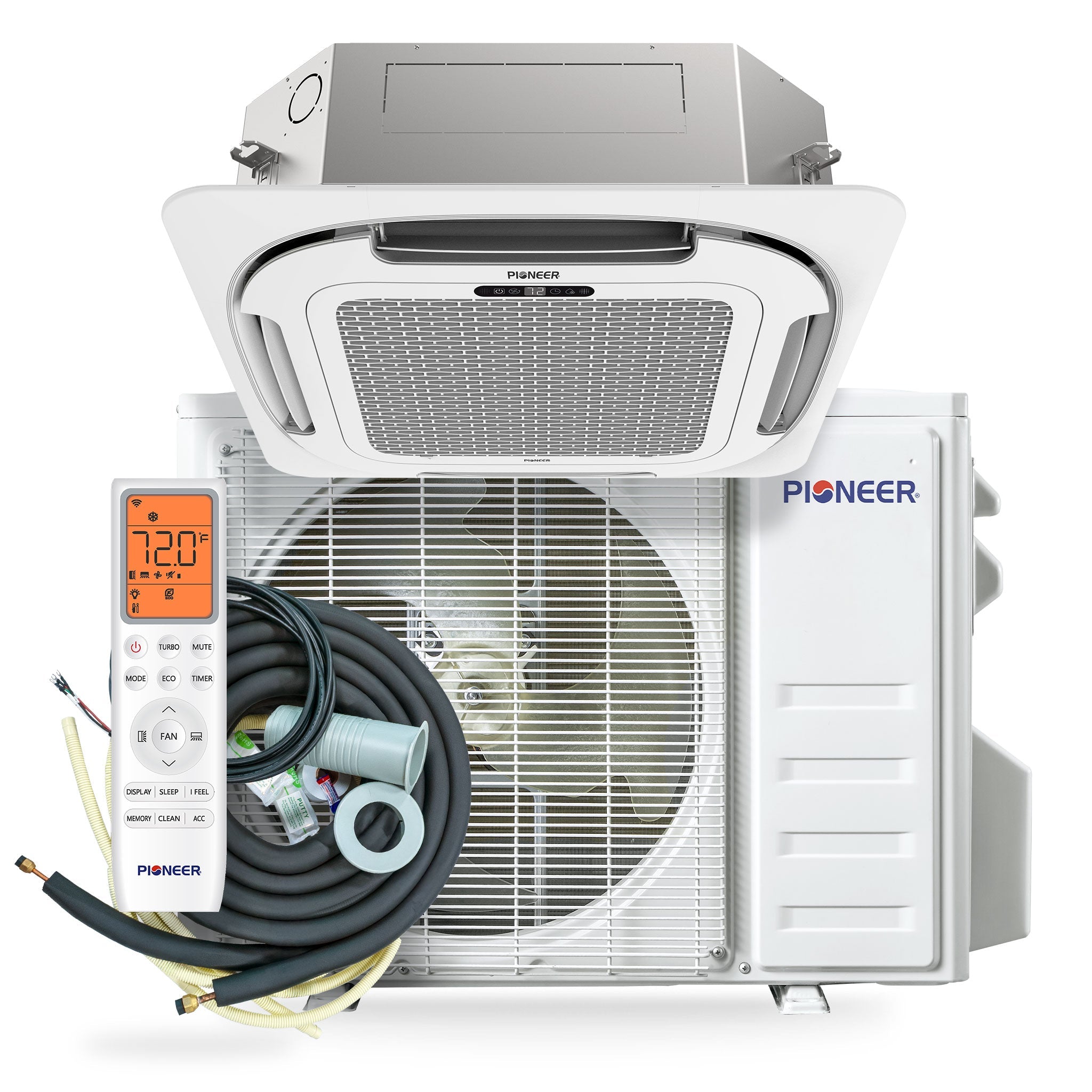 Pioneer® Quantum Ultra™ 18,000 BTU 20.5 SEER2 230V 8-Way Ceiling Cassette Ductless Mini-Split Air Conditioner Inverter Heat Pump Full Set