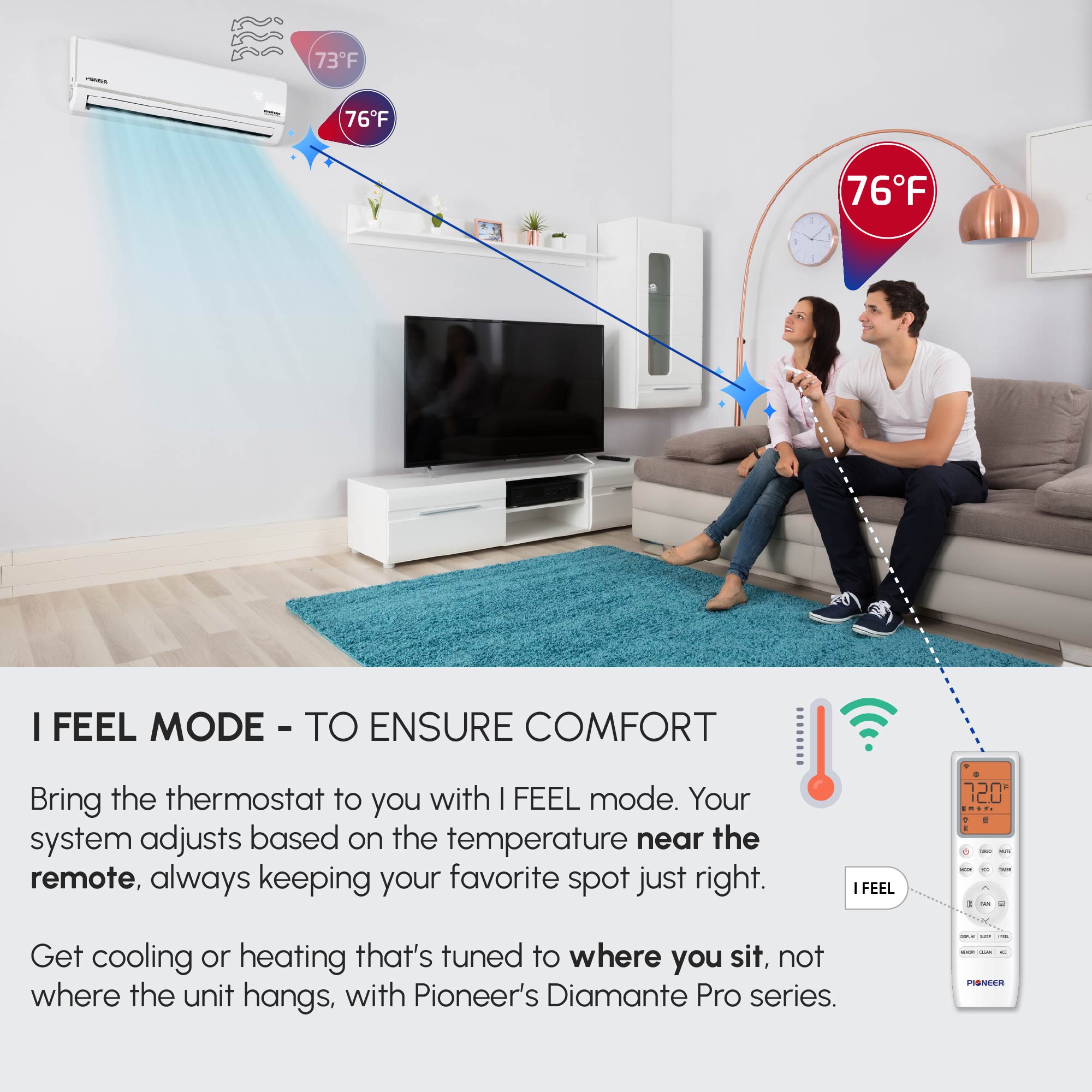 Pioneer® Diamante Pro™ 9,000 BTU 19 SEER2 115V High-Wall Ductless Mini-Split Air Conditioner Inverter Heat Pump with 16 Ft. Kit