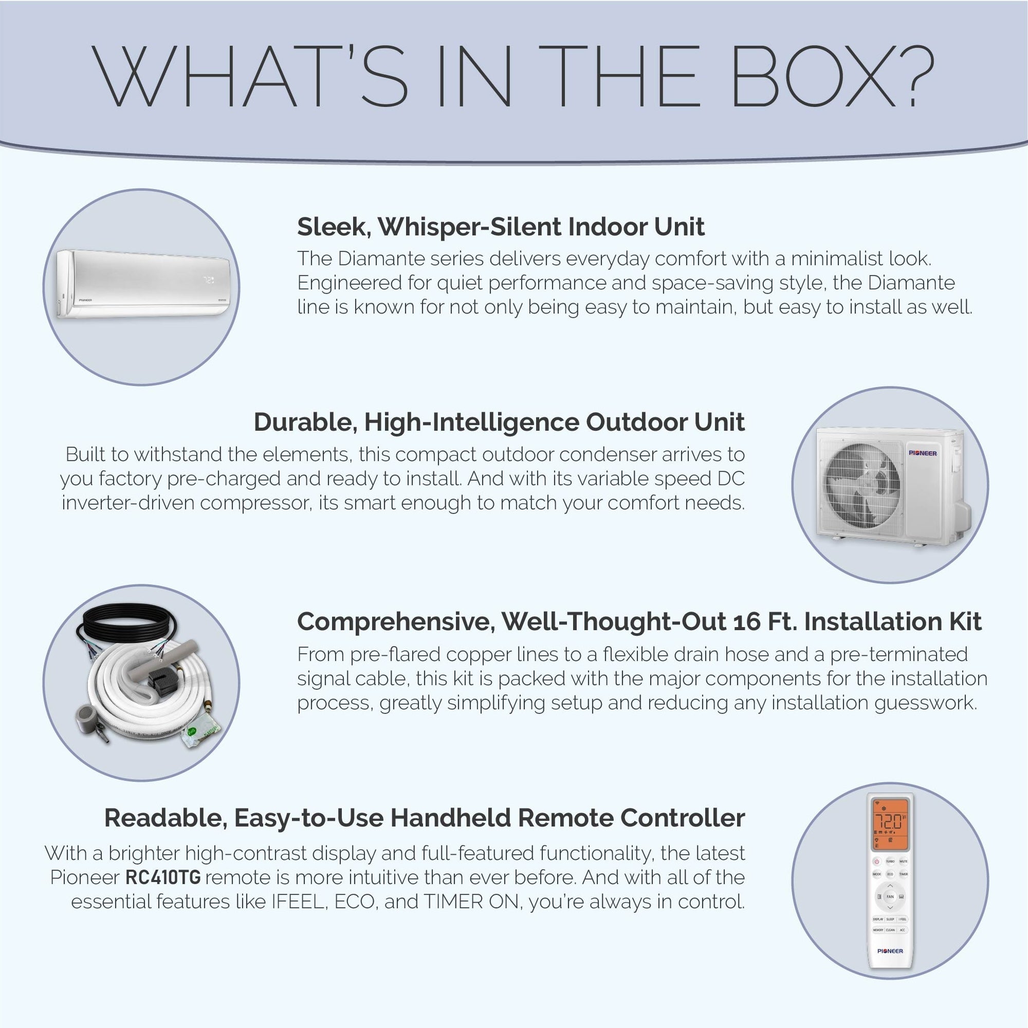 Pioneer® Diamante Essenza™ 11,500 BTU 17 SEER2 230V High-Wall Ductless Mini-Split Air Conditioner Inverter Heat Pump with 16 Ft. Kit